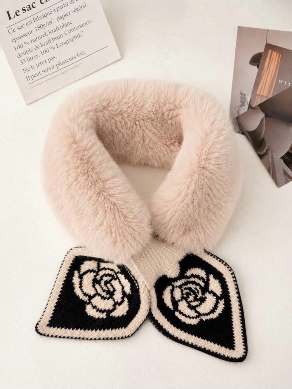 KNITTED CAMELLIA Luxury Faux Fur Beige Collar Scarf